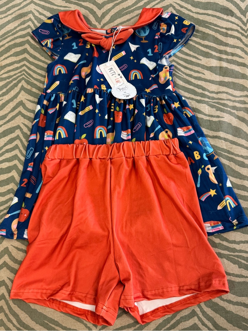 Girls Navy Print Top with Bright Red Elastic-Waist Shorts